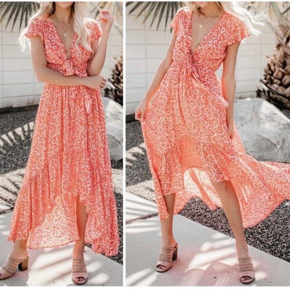 Olivaceous Coral High Low Cut out Tie Front Maxi Dress Size Large